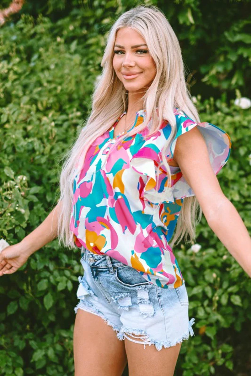 Noemi Notched Neck Flutter Sleeve Blouse