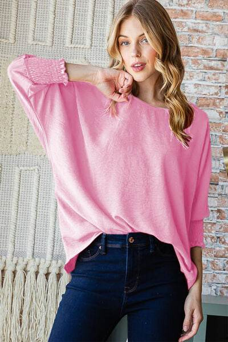 Reborn J Texture round Neck Smocked Half Sleeve Top