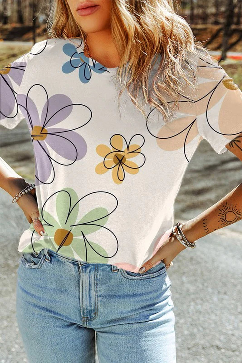 Summer Flower Print Casual round Neck T Shirt