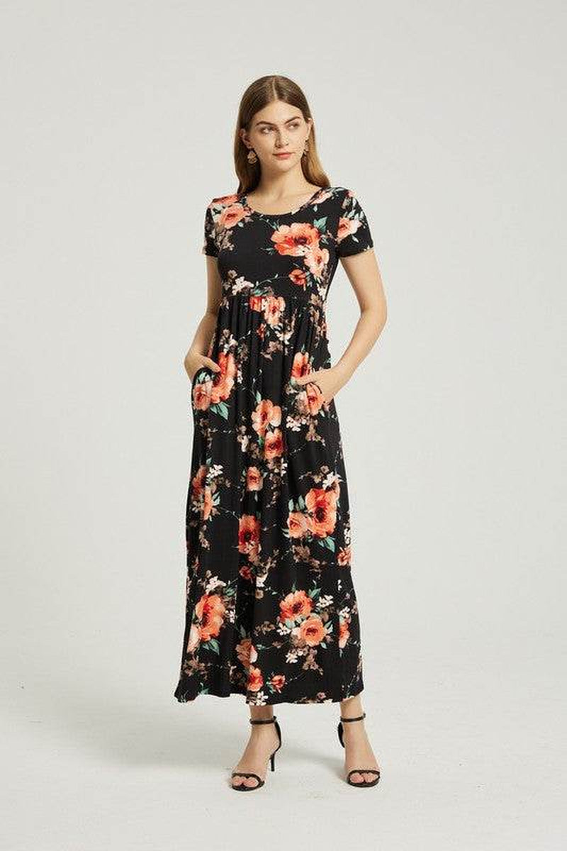 Womens Summer Casual Floral Maxi Dress with Pocket