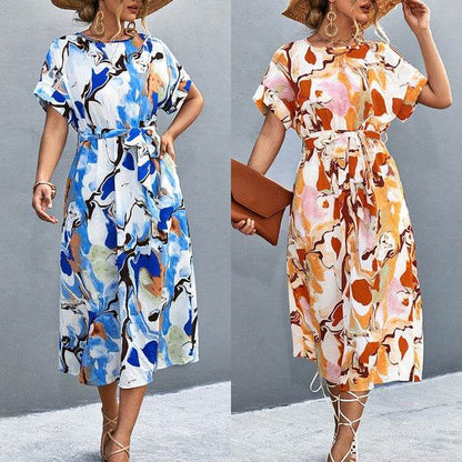 Women Print round Neck Neck Short Sleeve Dress