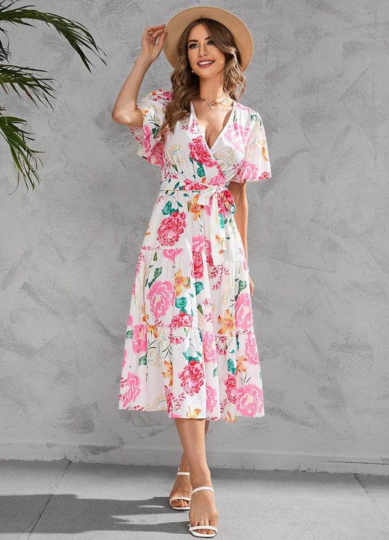V-Neck Floral Tiered Midi Dress