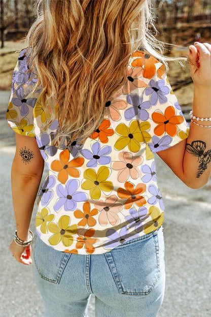 Summer Flower Print Casual round Neck T Shirt
