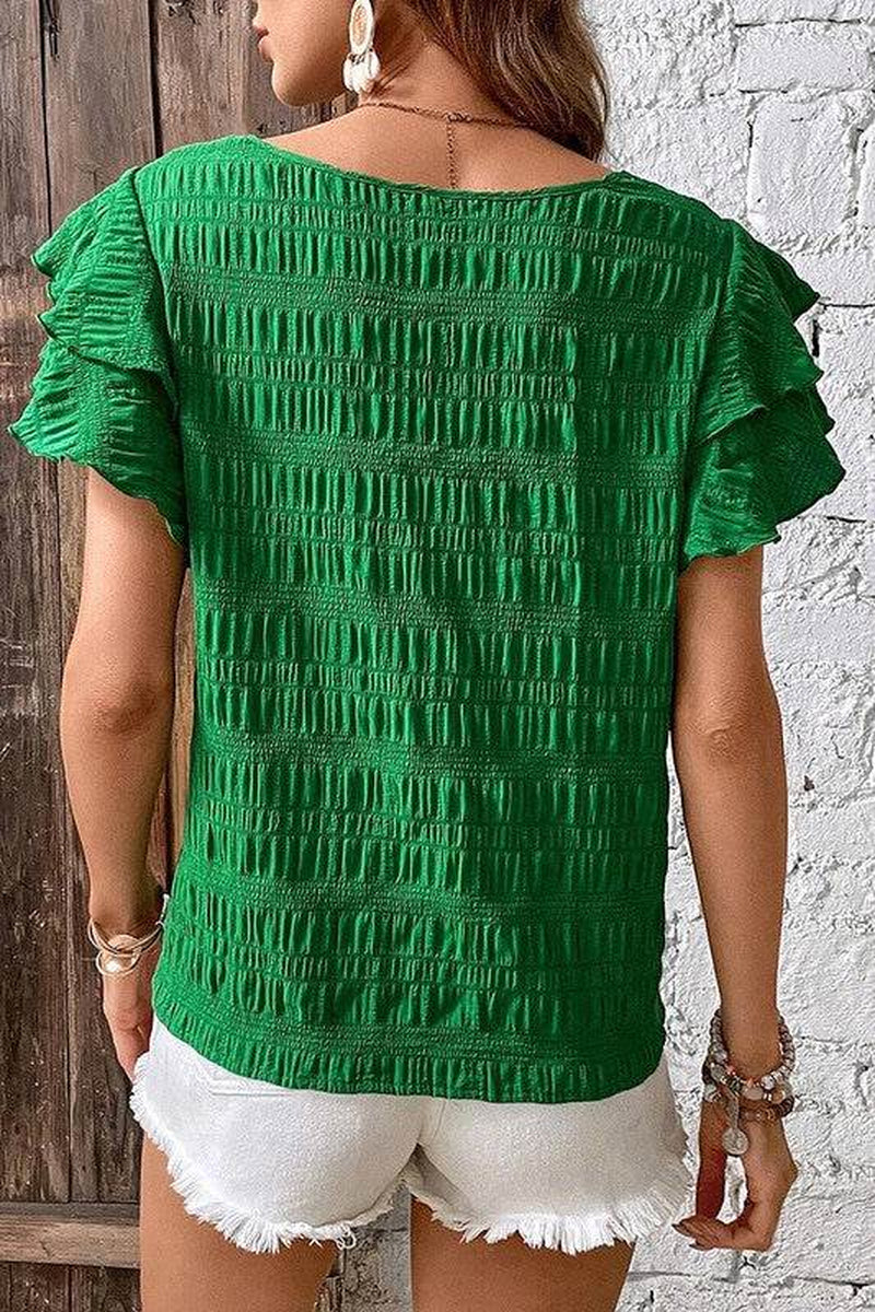 Textured Ruffled Sleeve round Neck Top