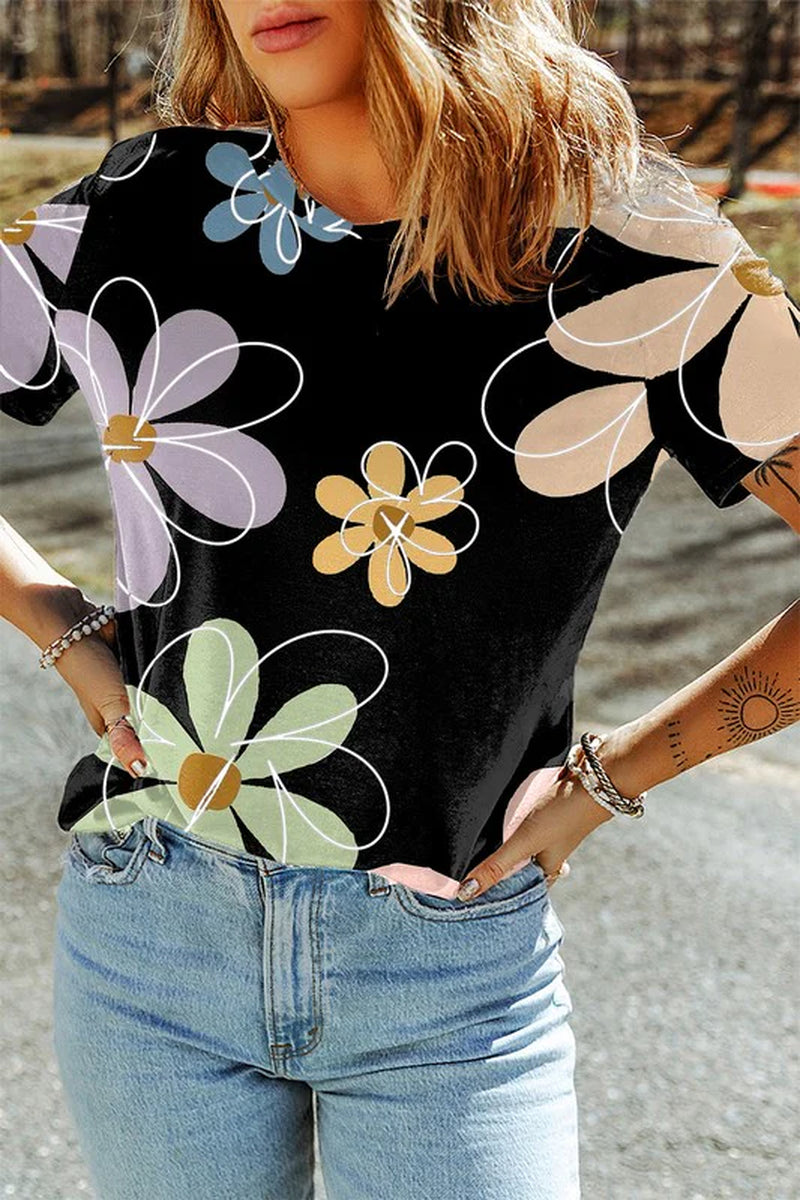 Summer Flower Print Casual round Neck T Shirt