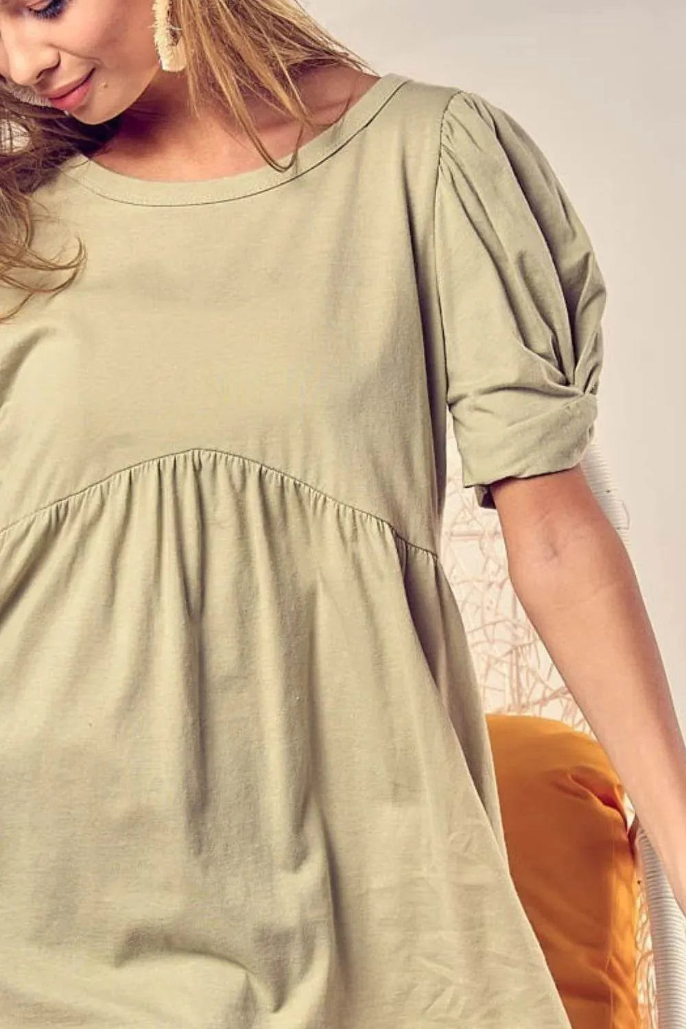 Bibi Cotton Span Knit with Puff Sleeve Baby Doll Top