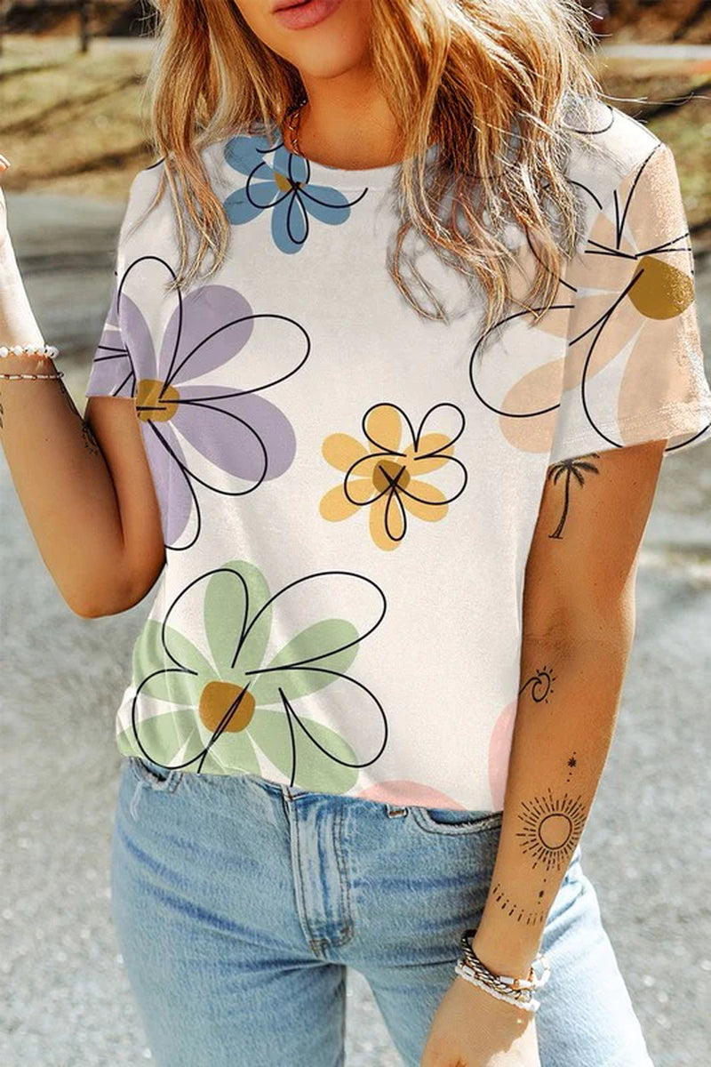 Summer Flower Print Casual round Neck T Shirt