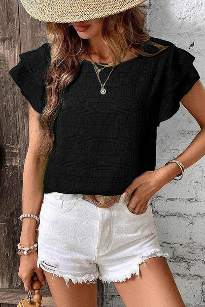 Textured Ruffled Sleeve round Neck Top