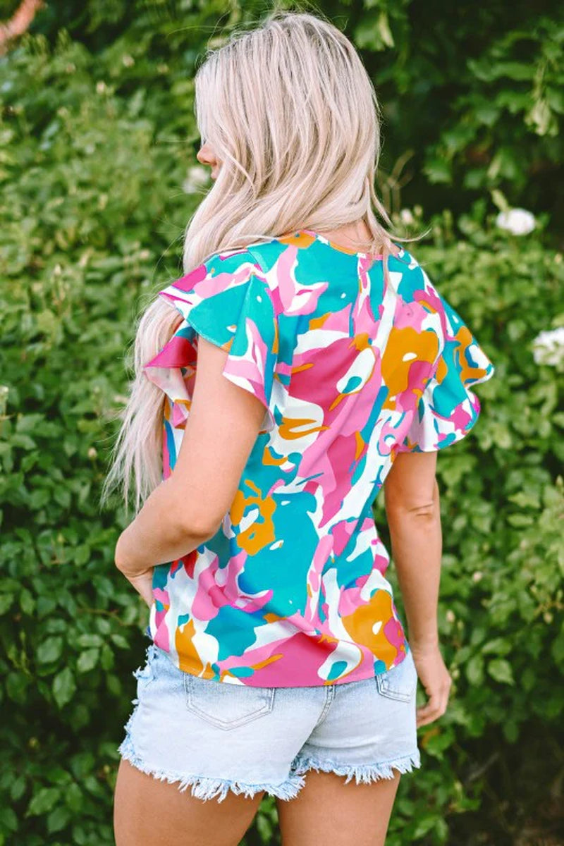 Noemi Notched Neck Flutter Sleeve Blouse