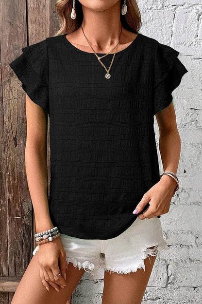 Textured Ruffled Sleeve round Neck Top