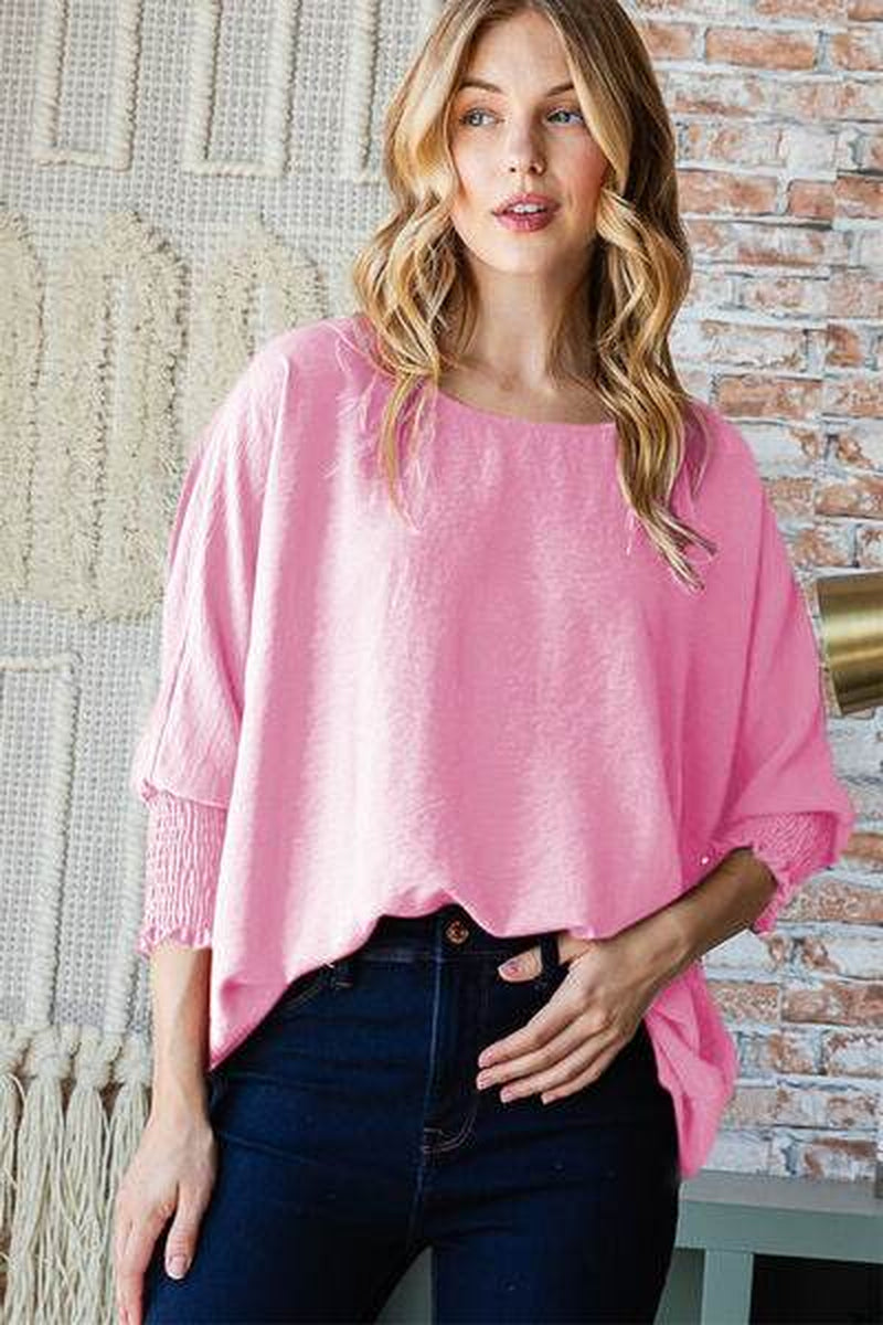 Reborn J Texture round Neck Smocked Half Sleeve Top