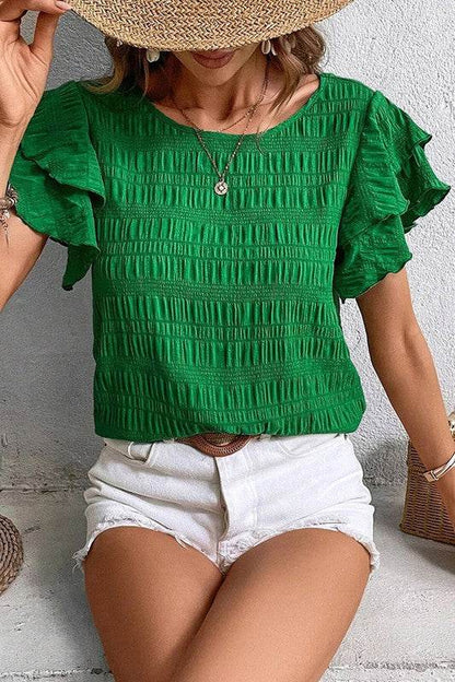 Textured Ruffled Sleeve round Neck Top