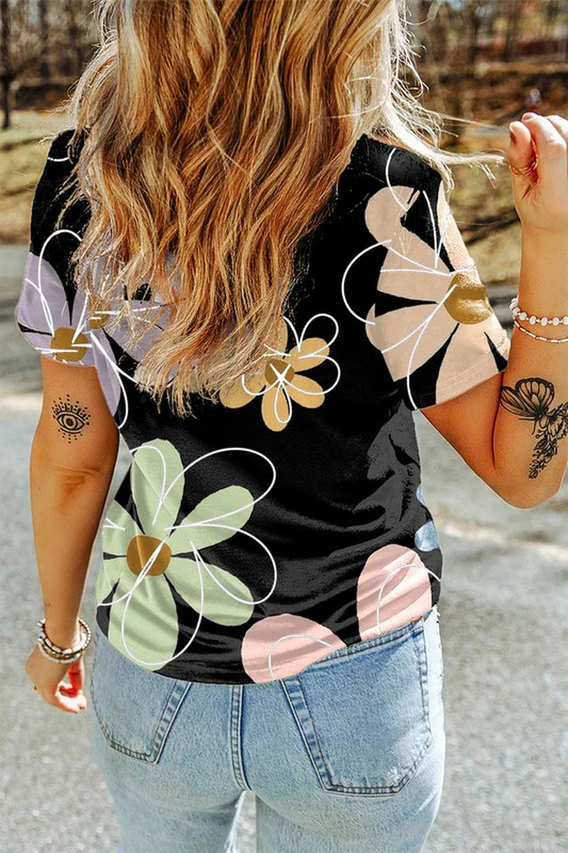 Summer Flower Print Casual round Neck T Shirt