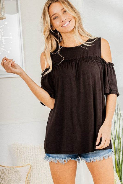 Heimish Full Size Frill round Neck Cold Shoulder T-Shirt plus Size